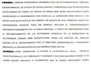 Se suspende las actividades judiciales desde el jueves 30 de julio en Potosí