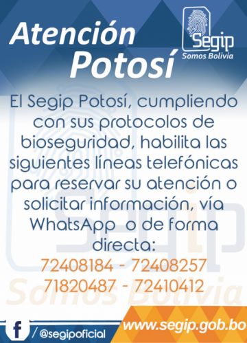 Horarios y modalidad de atención del Segip Potosí