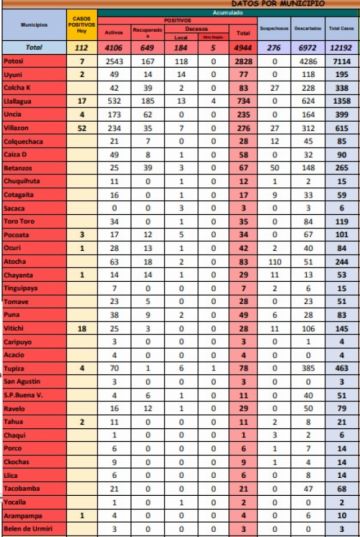 Reporte departamental del Sedes Potosí