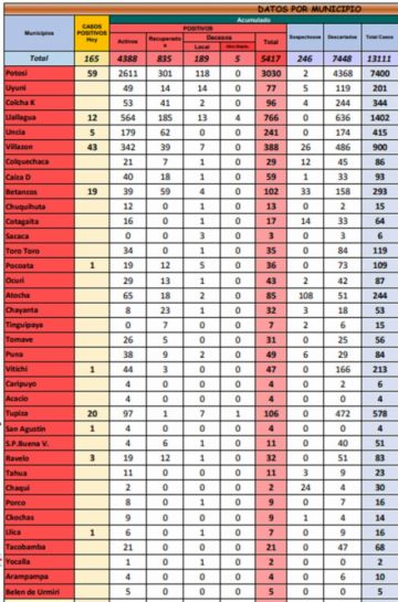 Reporte departamental del Sedes Potosí