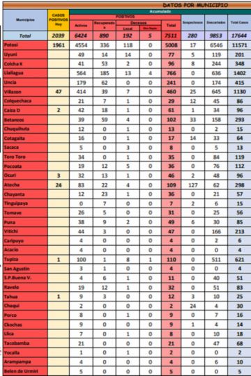 Reporte departamental del Sedes Potosí
