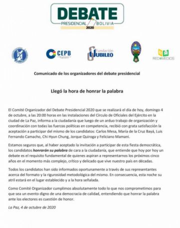 Organizadores del debate de hoy confían en la palabra empeñada de los seis candidatos