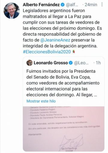 Retienen a la comitiva argentina a su llegada a La Paz y genera reacción de Alberto Fernández 