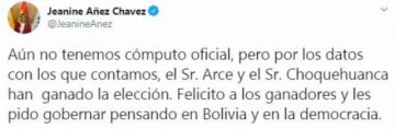 Jeanine Añez felicita a Arce y Choquehuanca y les pide gobernar pensando en Bolivia