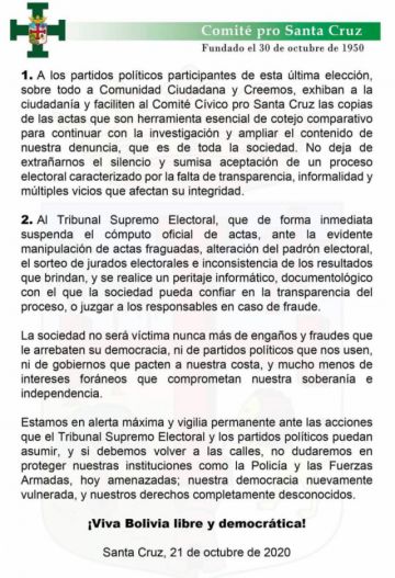 Comunicado del Comité pro Santa Cruz 