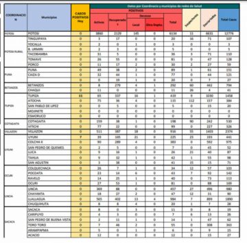 Reporte departamental del Sedes Potosí