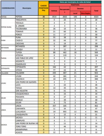 Reporte departamental del Sedes Potosí