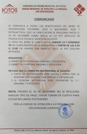 Bono de Discapacidad se cancelará solo hasta mañana en Potosí