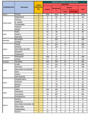Reporte departamental del Sedes Potosí