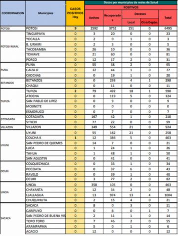 Reporte departamental del Sedes Potosí