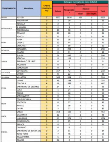 Reporte departamental del Sedes Potosí