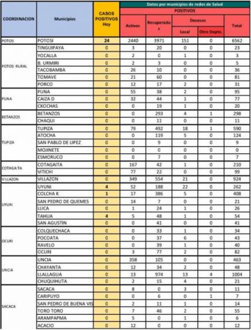 Reporte departamental del Sedes Potosí