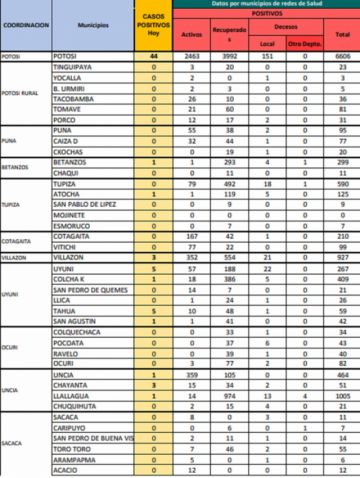 Reporte departamental del Sedes Potosí