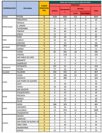 Reporte departamental del Sedes Potosí