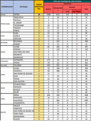 Reporte departamental del Sedes Potosí