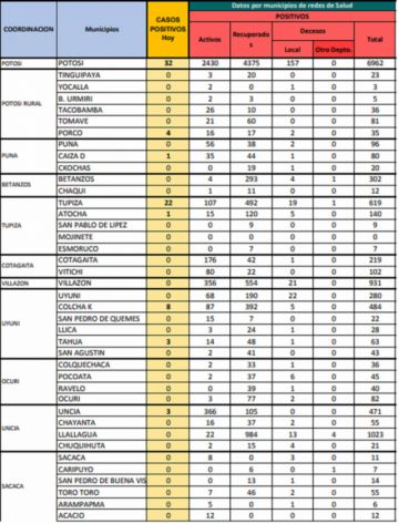 Reporte departamental del Sedes Potosí