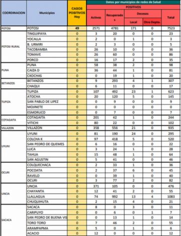 Reporte departamental del Sedes Potosí