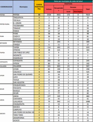 Reporte departamental del Sedes Potosí