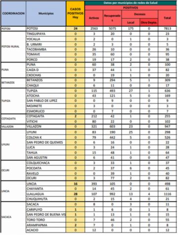 Reporte departamental del Sedes Potosí