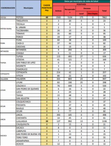 Reporte departamental del Sedes Potosí