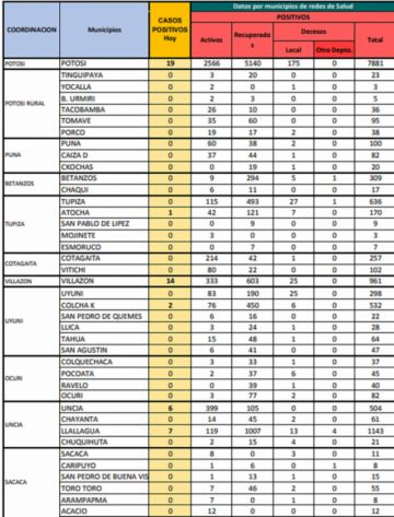 Reporte departamental del Sedes Potosí