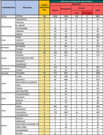 Reporte departamental del Sedes Potosí