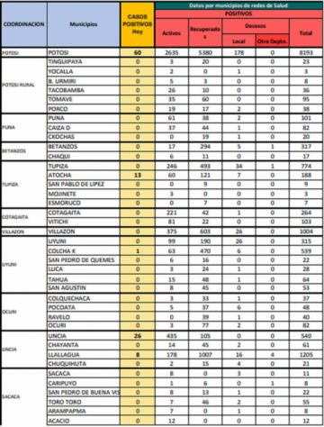 Reporte departamental del Sedes Potosí