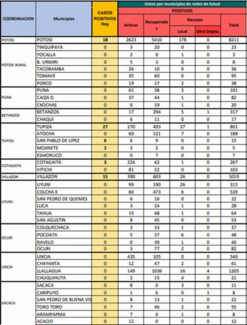 Reporte departamental del Sedes Potosí