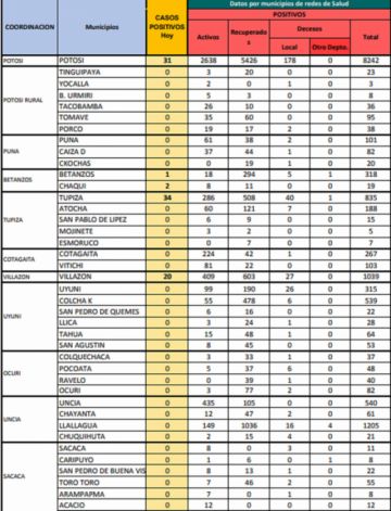 Reporte departamental del Sedes Potosí