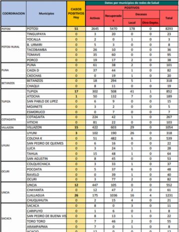 Reporte departamental del Sedes Potosí