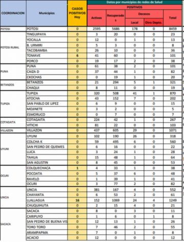Reporte departamental del Sedes Potosí