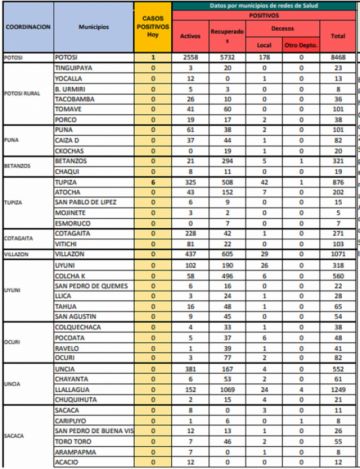 Reporte departamental del Sedes Potosí