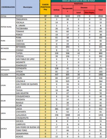 Reporte departamental del Sedes Potosí
