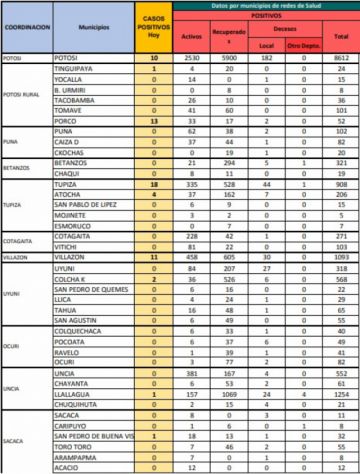 Reporte departamental del Sedes Potosí