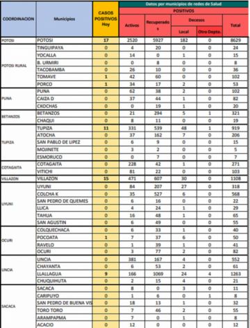 Reporte departamental del Sedes Potosí