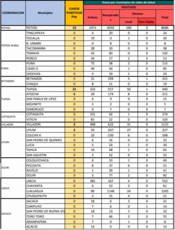 Reporte departamental del Sedes Potosí