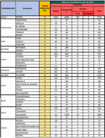 Reporte departamental del Sedes Potosí