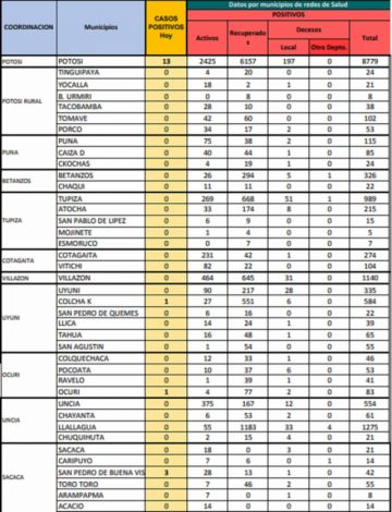 Reporte departamental del Sedes Potosí