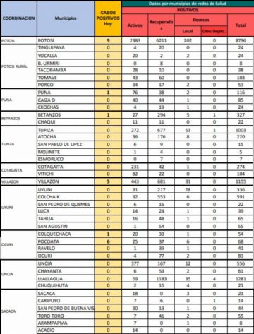 Reporte departamental del Sedes Potosí