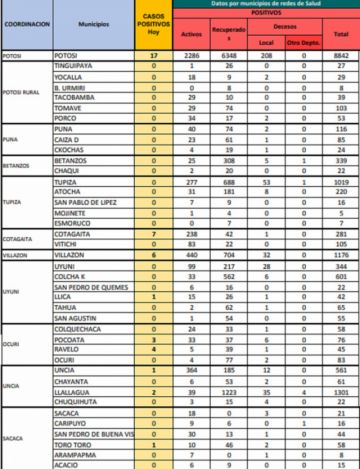 Reporte departamental del Sedes Potosí