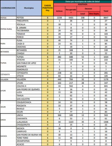 Reporte departamental del Sedes Potosí