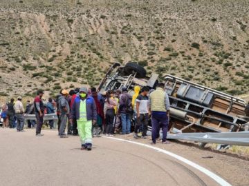 El camión quedó volcado. Los equipos de auxilio llegaron a la zona.