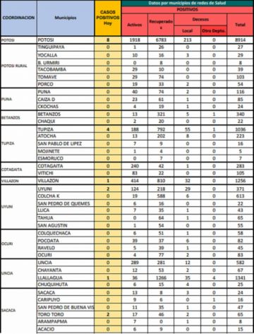 Reporte departamental del Sedes Potosí