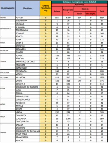 Reporte departamental del Sedes Potosí