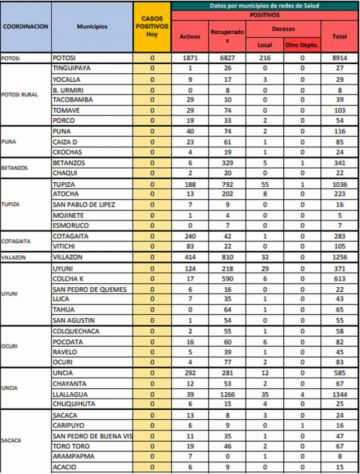 Reporte departamental del Sedes Potosí
