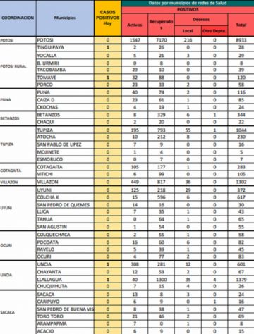 Reporte departamental del Sedes Potosí