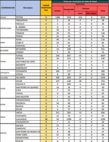 Reporte departamental del Sedes Potosí