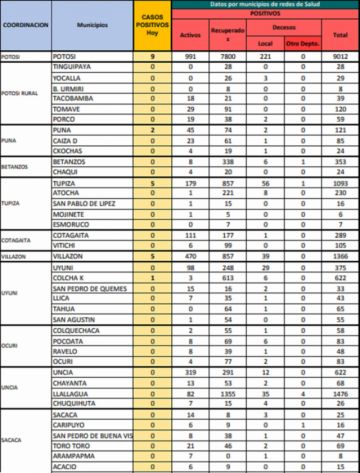 Reporte departamental del Sedes Potosí