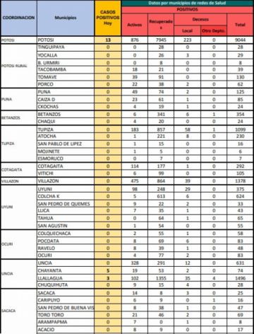 Reporte departamental del Sedes Potosí