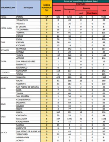 Reporte departamental del Sedes Potosí